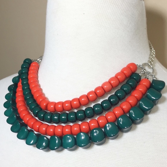 Layered Orange Green Beaded Necklace Earrings Set - Picture 2 of 3
